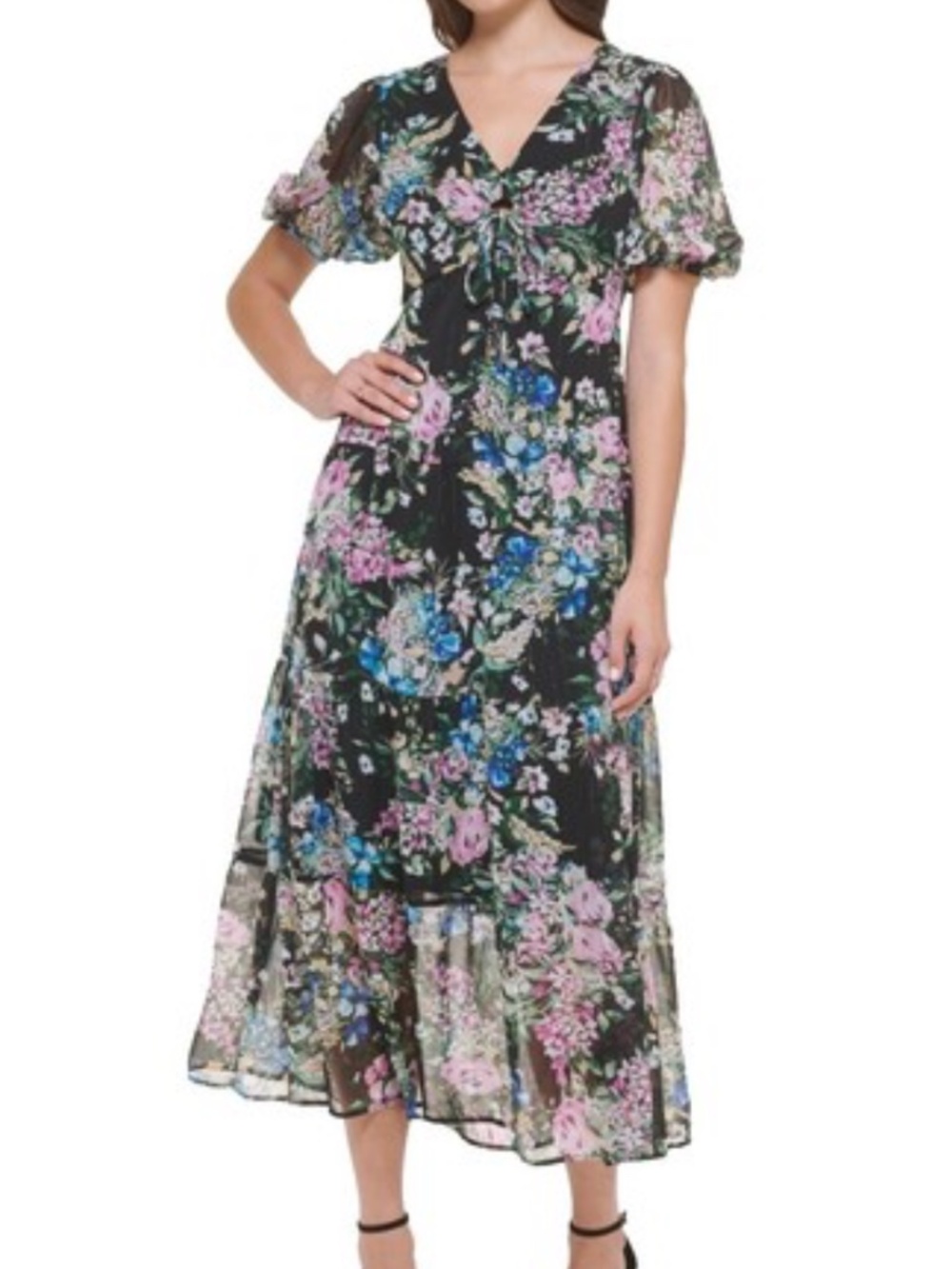 Kenzie Dresses Black Floral Chiffon V-neck Maxi Dress